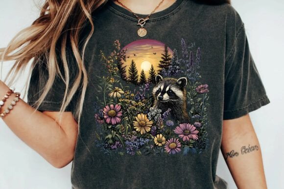 Charming Raccoon Wildflower Illustration: A Design Asset for Makers